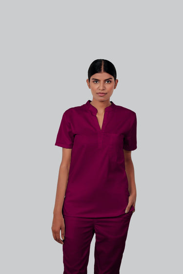 Stretchable (4Way) Female Wine Mandarin Neck With Jogger Scrub Set