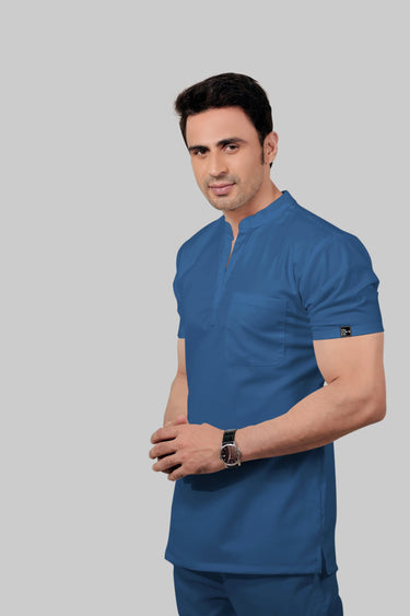 Stretchable (2Way) Male Steel Blue Mandarin Neck With Jogger Scrub Set