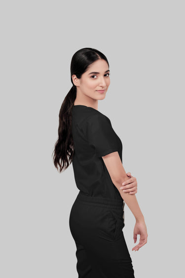 Stretchable (2Way) Female Black V-Neck Scrub Top