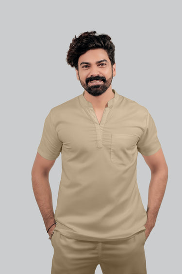 Stretchable (4Way) Male Beige Mandarin Neck with Jogger Scrub Set