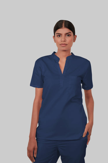 Stretchable (2Way) Female Navy Blue Mandarin Neck With Straight Pant Scrub Set