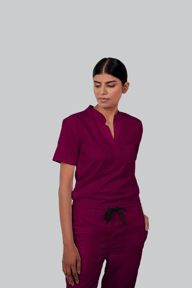 Stretchable (2Way) Female Wine Mandarin Neck With Straight Pant Scrub Set