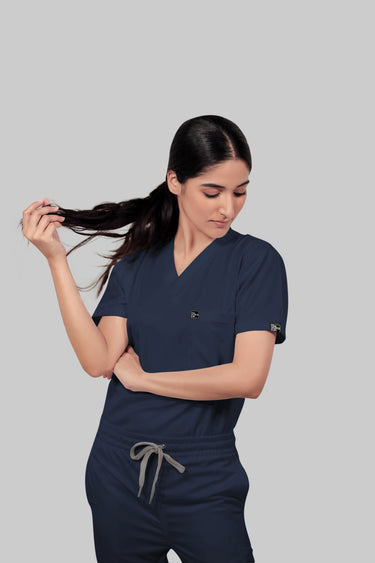 Stretchable (4Way) Female Navy Blue V-Neck With Jogger Scrub Set