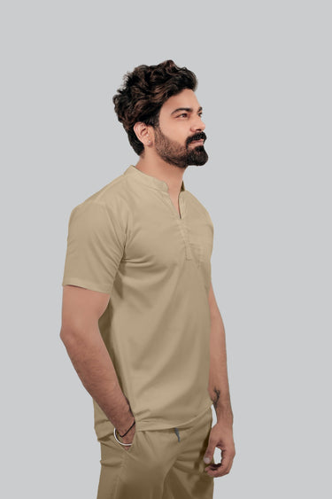 Stretchable (4Way) Male Beige Mandarin Neck with Jogger Scrub Set