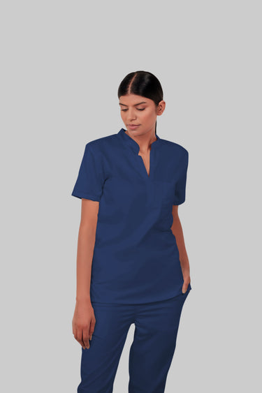 Stretchable (2Way) Female Navy Blue Mandarin Neck With Jogger Scrub Set