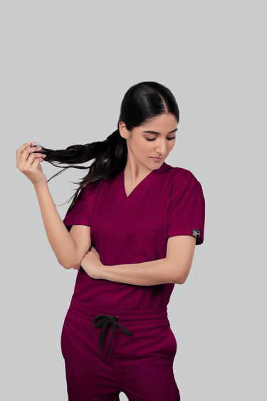 Stretchable (2Way) Female Wine V-Neck With Jogger Scrub Set