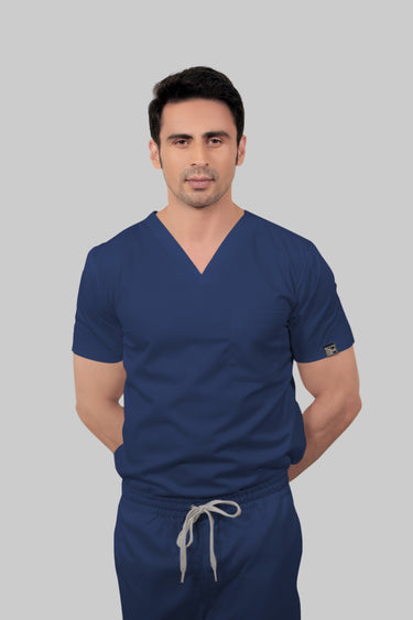 Stretchable (2Way) Male Navy Blue V-Neck With Straight Pant Scrub Set