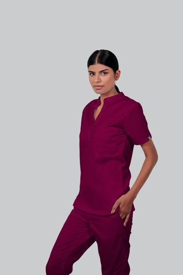 Stretchable (2Way) Female Wine Mandarin Neck With Straight Pant Scrub Set