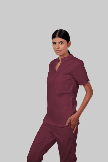 Stretchable (4Way) Female Burgundy Mandarin Neck With Jogger Scrub Set