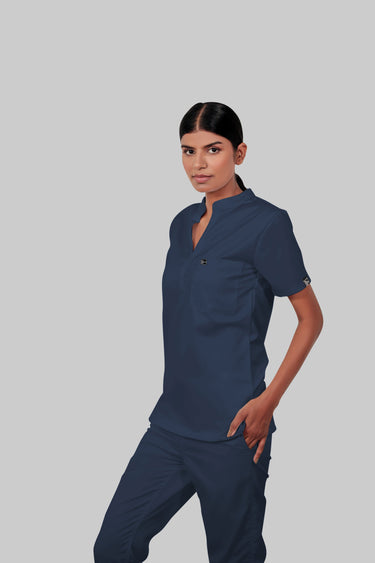Stretchable (4Way) Female Navy Blue Mandarin Neck Scrub Top