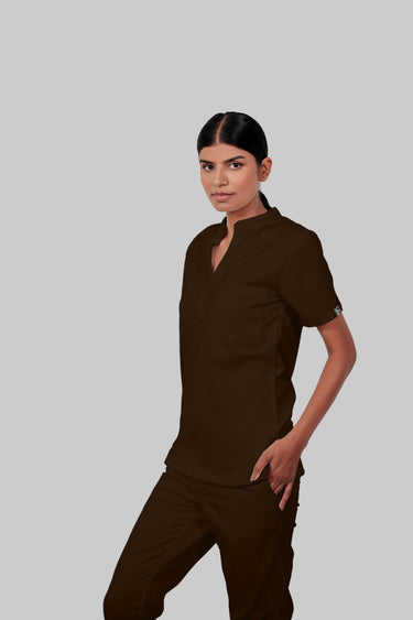 Stretchable (4Way) Female Brown Mandarin Neck Scrub Top