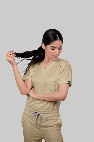 Stretchable (4Way) Female Beige V-Neck With Straight Pant Scrub Set