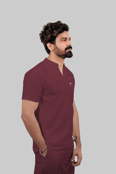 Stretchable (4Way) Male Burgundy Mandarin Neck with Jogger Scrub Set
