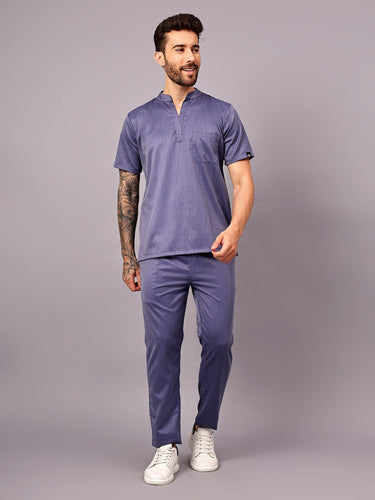 Stretchable (2Way) Male Denim Blue Texture Mandarin Neck With Straight Pant Scrub Set