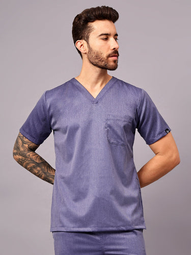 Stretchable (2Way) Male Denim Blue Texture V-Neck With Straight Pant Scrub Set