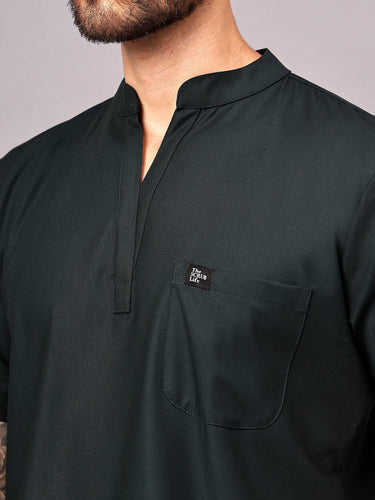Stretchable (4Way) Men Mid Night Green Mandarin Neck with Jogger Scrub Set