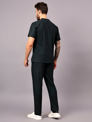 Stretchable (4Way) Men Mid Night Green Mandarin Neck with Straight Pant Scrub Set