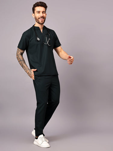 Stretchable (4Way) Men Mid Night Green Mandarin Neck with Straight Pant Scrub Set