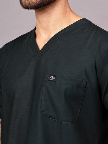 Stretchable (4Way) Men Mid Night Green V-Neck With Straight Pant Scrub Set