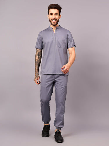 Stretchable (2Way) Male Graphite Mandarin Neck With Jogger Scrub Set