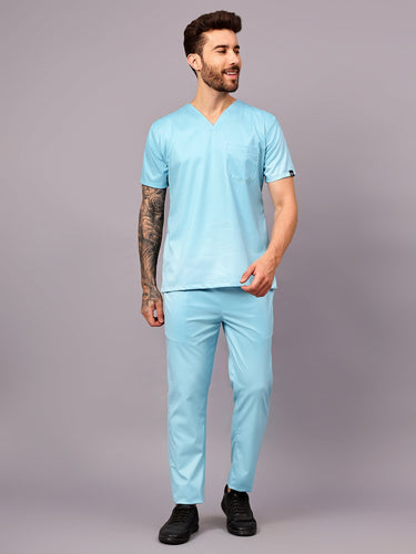 Stretchable (2Way) Male Aqua Blue V-Neck With Straight Pant Scrub Set