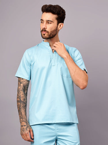 Stretchable (2Way) Male Aqua Blue Mandarin Neck Scrub Top